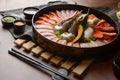 Side of beef garnished with sesame, and shellfish with prawns arranged on the tray combined with vegetables for grill set on the Royalty Free Stock Photo