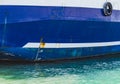 Side of blue cargo ship hull with white waterline and numbers of rough draft scale. International load line, Plimsoll line or Royalty Free Stock Photo