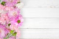 Side border of pink and purple flowers against a white wood background Royalty Free Stock Photo