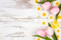 Side border of springtime flower decorations over a rustic white wood background Royalty Free Stock Photo