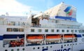 Side of Brittany Ferries ferry boat showing life boats and funnel