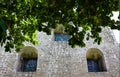 Side of cathederal with deepset arched stainedglass windows with tropical foliage