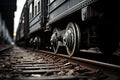 Side close-up shot of train wheels in black_andwhite style generative AI Royalty Free Stock Photo