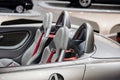 Side close up view of bucket seat with five-point harness of a modern roofless grey sport coupe car Royalty Free Stock Photo