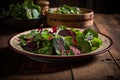 Side close view of plate of a red salad with greens on it on a wooden backgorund