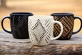 side-by-side coffee mugs with different designs
