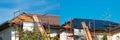 Side-by-side comparison of solar panel installation on a house roof: before and after. Royalty Free Stock Photo