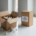 Side-by-side comparison of traditional versus minimized packaging design showing reduced filler and optimized box volume Royalty Free Stock Photo