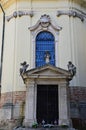 Side entrance to gothic cathedral church of Saint Nicholas in Trnava, westen Slovakia, with baroque decorative elements. Royalty Free Stock Photo