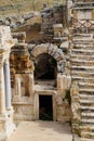 Side entrance to the stage of the amphitheater. Ancient antique amphitheater in city of Hierapolis in Turkey