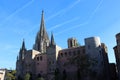 Side facade of the Cathedral of the Holy Cross and St. Eulalia in Basrelon, Catalonia, Spain