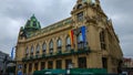 Side of the facade of Municipal House ObecnÃÂ­ dÃÂ¯m of Prague, Czech Republic, a civic building that houses Smetana Hall, a