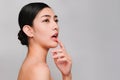 Side Face of Young beautiful asian woman with clean, fresh and bright skin, Happiness and cheerful with positive emotional, Royalty Free Stock Photo