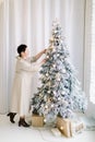 Side full length view of joyful mature woman wearing elegant long dress, decorating beautiful Christmas tree at home or Royalty Free Stock Photo