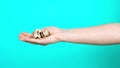 The side hand of a woman holding quail eggs.