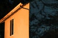 a house glowing in fire light with shadows of trees