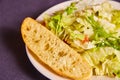 Side lunch salad small with ciabatta white bread slice plain iceberg lettuce parmesan cheese tomato
