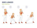 Side Lunges Girl Exercise Guidance. Lateral Lunges home weightloss workout exercise illustration.