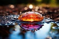 Side macro view of rainbow water drops in a puddle, abstract background Royalty Free Stock Photo