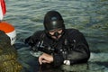 Side mount diver wathing his computer