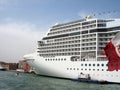 The side of a multi-deck cruise liner. Side view on sky background Royalty Free Stock Photo