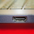 The side panel of a modern laptop with an hdmi port for connecting an external monitor. Modern technologies