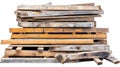 A side perspective of a stack of wooden boards and planks against a white background. Royalty Free Stock Photo