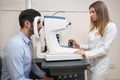 Woman oculist controlling autorefractor while checking patient eyesight Royalty Free Stock Photo