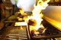 The side photo of the raw meat grilling on the brazier with burning wood.