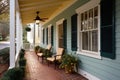 side porch of a colonial house with painted window shutters