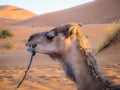 Side profile of a camel in the desert under the sunlight in Morocco in Africa Royalty Free Stock Photo