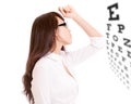 Side profile of Chinese office lady and eyechart