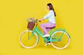 Side profile full body size photo of cute lovely young girl riding vintage rare velocipede deliver flowers wear blue