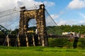 Historic Wheeling Suspension Bridge + Downtown Buildings - Ohio River - Wheeling, West Virginia Royalty Free Stock Photo