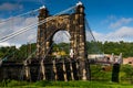 Historic Wheeling Suspension Bridge + Downtown Buildings - Ohio River - Wheeling, West Virginia Royalty Free Stock Photo