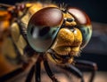 A side profile macro image of a dragonfly's head, showing its segmented body, large eyes, and delicate antennae. Royalty Free Stock Photo