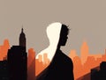 The side profile of a person standing with arms behind their back facing a sundappled city skyline. Business concept. AI