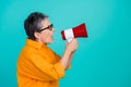 Side profile photo of aggressive business woman screaming bossy holding megaphone look copyspace isolated on cyan color Royalty Free Stock Photo
