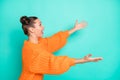 Side profile photo portrait girl with opened hands missing friends meeting isolated bright teal color background