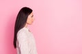 Side profile photo of young attractive serious boss woman looking empty space minded change salary  on pink Royalty Free Stock Photo