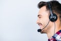 Side profile portrait of a cheerful guy call centre operator in Royalty Free Stock Photo