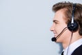 Side profile portrait of a handsome guy call centre operator in Royalty Free Stock Photo