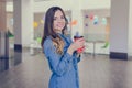 Side profile turned half close up view photo portrait of happy smiling charming beauty beautiful pretty cute lovely with long curl Royalty Free Stock Photo