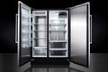 side-by-side refrigerator/freezer combination with sleek stainless steel exterior and glass shelves