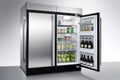 side-by-side refrigerator/freezer combination with sleek stainless steel exterior and glass shelves