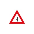 Side road junction on left, traffic sign, vector illustration. Left turn sign on white background