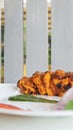 Side shot delicious Shahi Paneer Tikka with a white blurry background