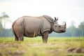 side shot of javan rhino roaming in field