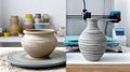 Side-by-side comparison of pottery creation methods traditional and modern 3d printing Royalty Free Stock Photo