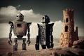 side-by-side, two robots stand guard over their mysterious and unknown fortress